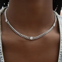 Round Stone Station Cuban Necklace In White Gold