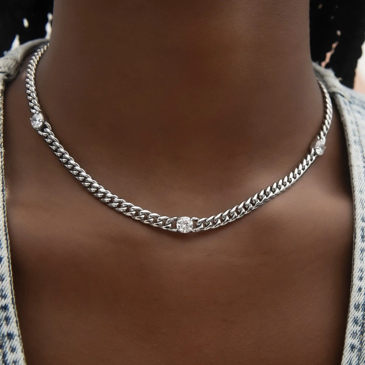 Round Stone Station Cuban Necklace In White Gold 1 Round Stone Station Cuban Necklace In White Gold