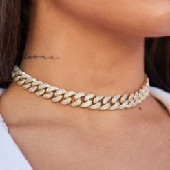 Diamond Cuban Link Choker In Yellow Gold - 12mm -Fashion Jewelry Discount Store 12 mm diamond cuban necklace gld womens 3