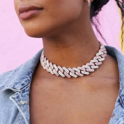 Diamond Cuban Prong Choker In Rose/White Gold - 19mm -Fashion Jewelry Discount Store 14k rose white gold 19mm diamond cuban prong choeker gld shop 5