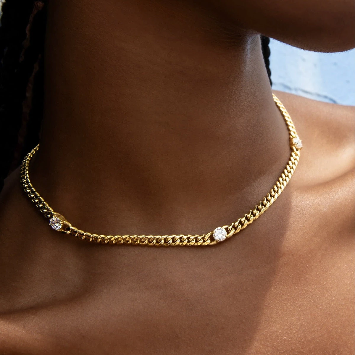 Round Stone Station Cuban Necklace In Yellow Gold 1 Round Stone Station Cuban Necklace In Yellow Gold