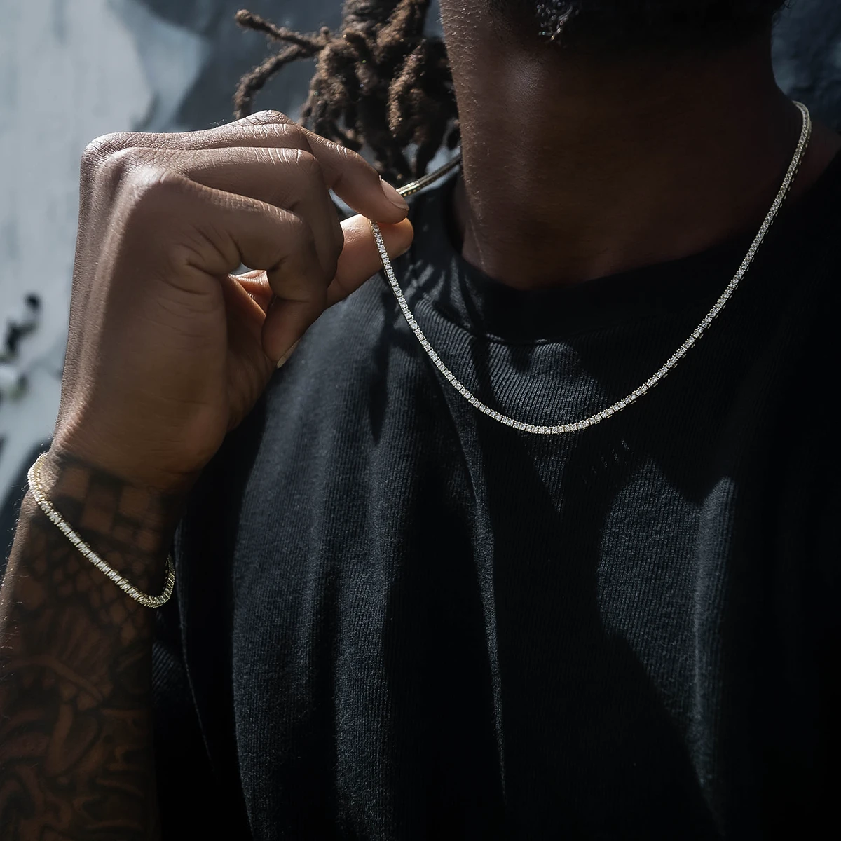 Diamond Tennis Chain + Bracelet Bundle In Yellow Gold- 2mm 1 Diamond Tennis Chain + Bracelet Bundle In Yellow Gold- 2mm