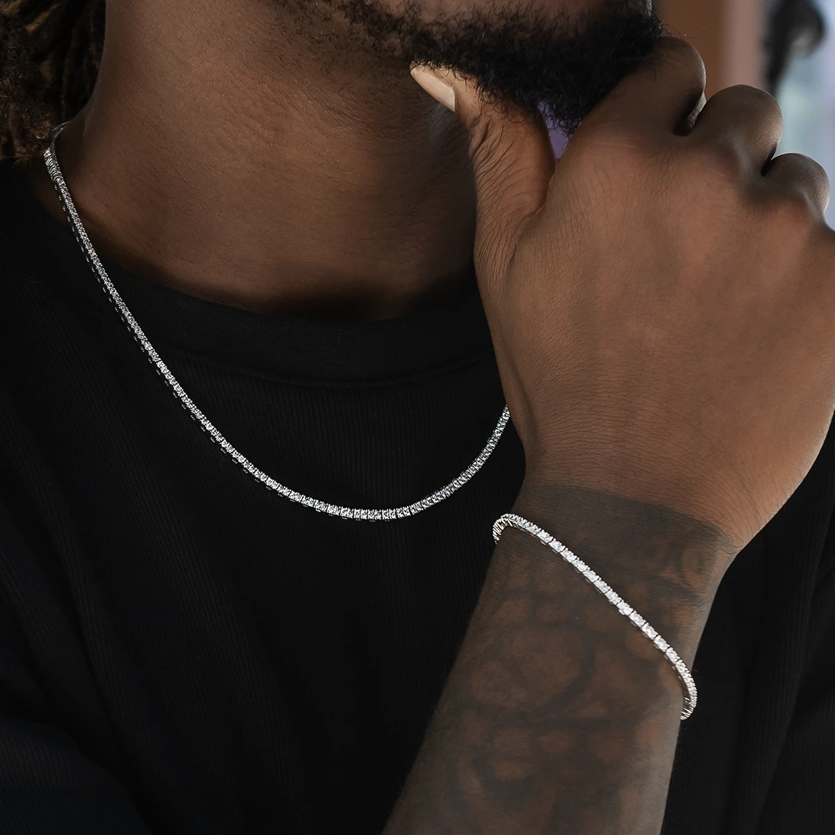 Diamond Tennis Chain + Bracelet Bundle In White Gold- 2mm 1 Diamond Tennis Chain + Bracelet Bundle In White Gold- 2mm