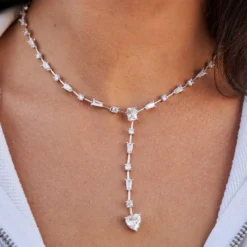 Heart Drop Necklace In White Gold -Fashion Jewelry Discount Store 3MMLariatNecklace4