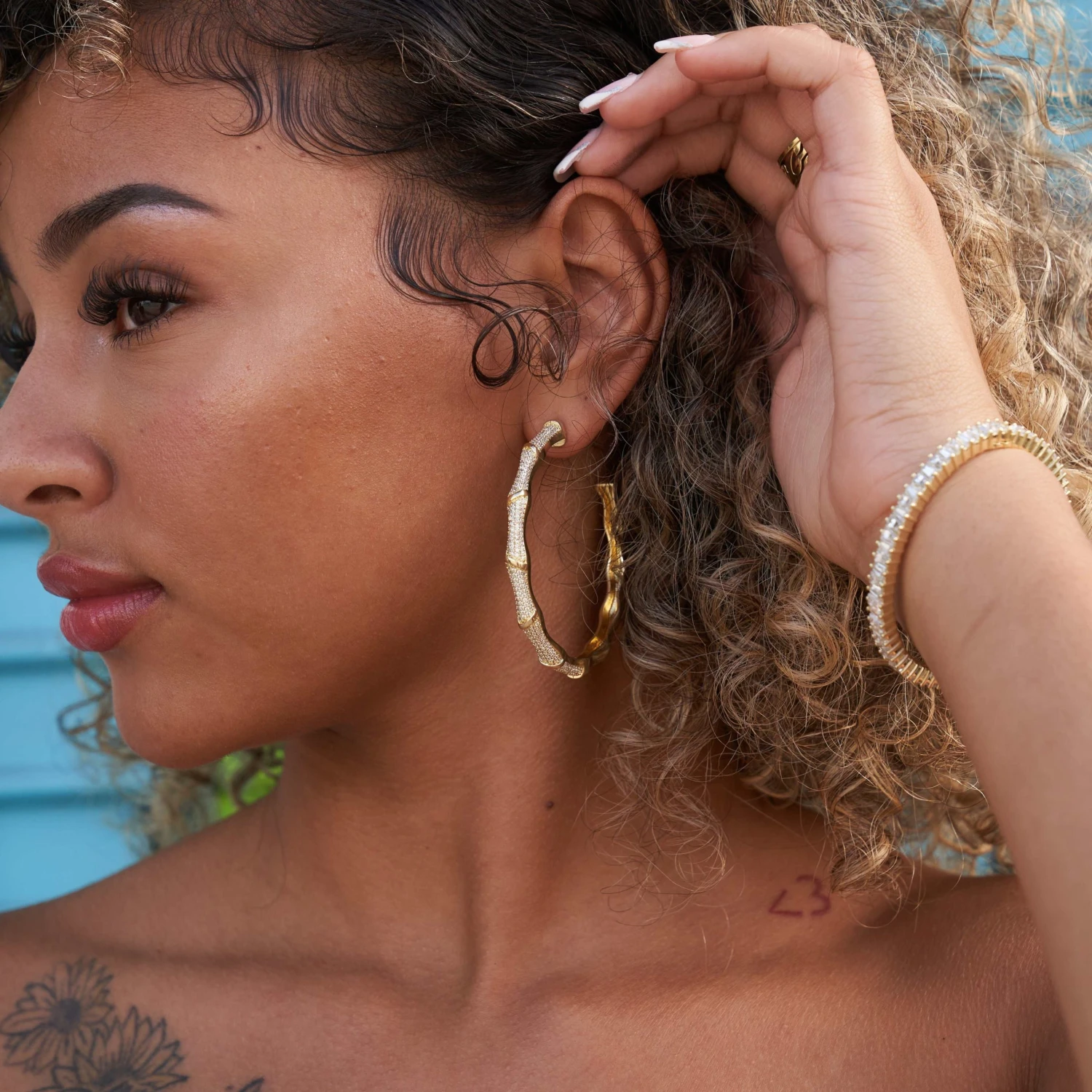 Iced Bamboo Hoop Earrings In Yellow Gold - 2.5MM 3 Iced Bamboo Hoop Earrings In Yellow Gold - 2.5MM - Image 3