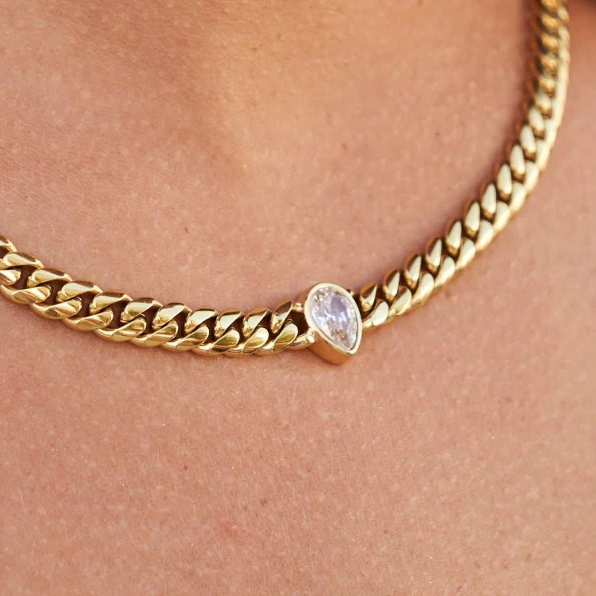 Pear Cut Stone Miami Cuban Necklace - Gold 2 Pear Cut Stone Miami Cuban Necklace - Gold - Image 2
