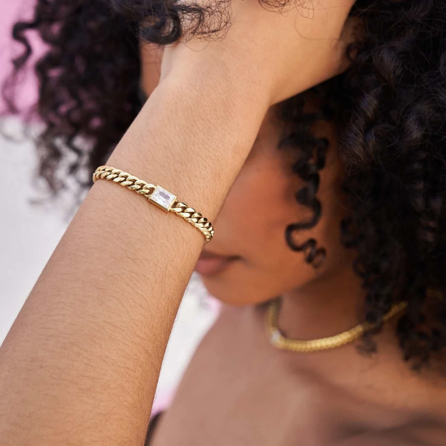 Emerald Cut Stone Miami Cuban Bracelet - Gold 3 Emerald Cut Stone Miami Cuban Bracelet - Gold - Image 3