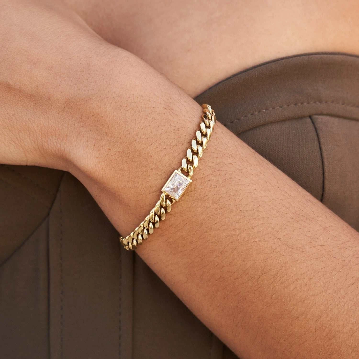 Emerald Cut Stone Miami Cuban Bracelet - Gold 1 Emerald Cut Stone Miami Cuban Bracelet - Gold