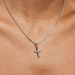 Solid White Gold Micro Diamond Cross