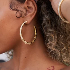 Iced Bamboo Hoop Earrings In Yellow Gold - 2.5MM