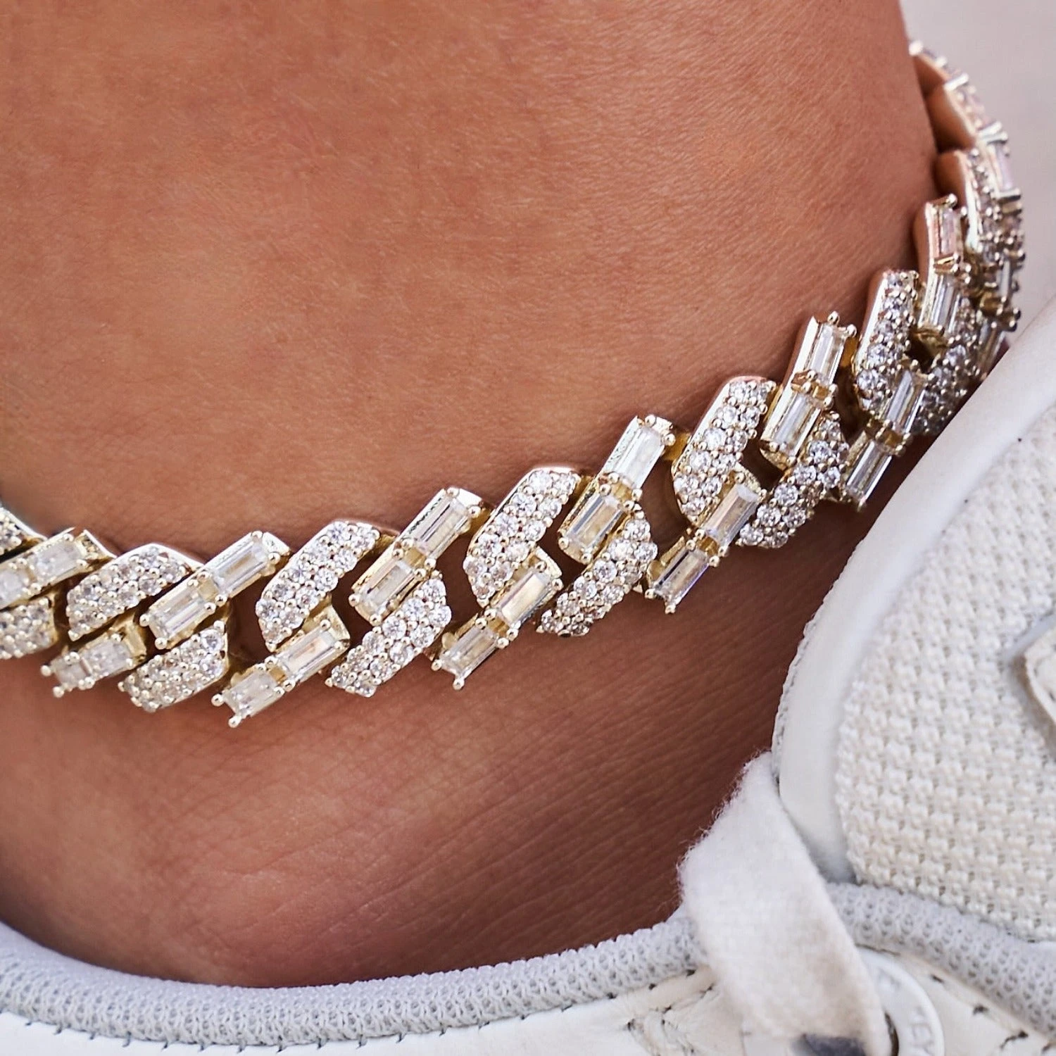 12mm Mixed Stone Diamond Cuban Anklet In Yellow Gold 2 12mm Mixed Stone Diamond Cuban Anklet In Yellow Gold - Image 2