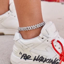 12mm Mixed Stone Diamond Cuban Anklet In White Gold