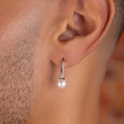 Pave Huggie Pearl Drop Earrings In White Gold