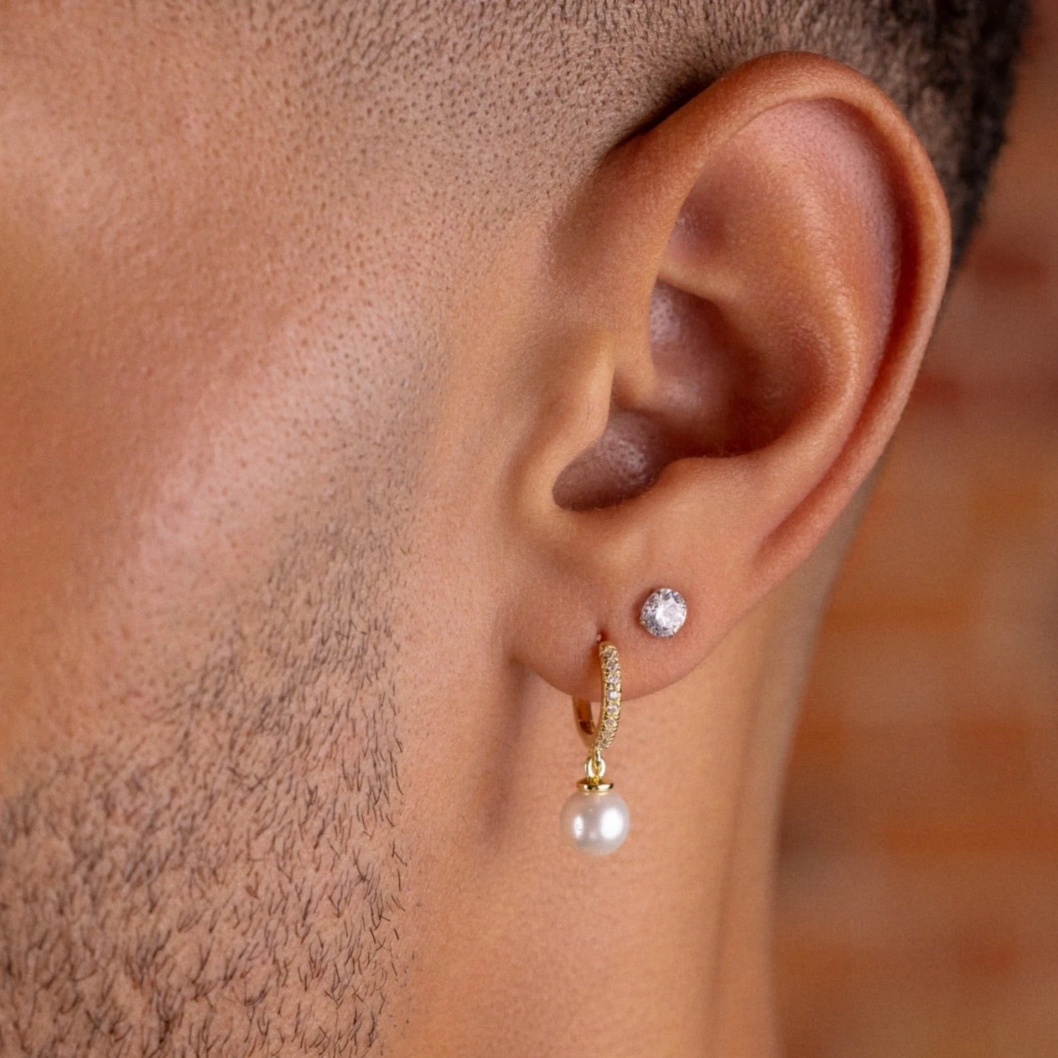 Pave Huggie Pearl Drop Earrings In Yellow Gold 2 Pave Huggie Pearl Drop Earrings In Yellow Gold - Image 2