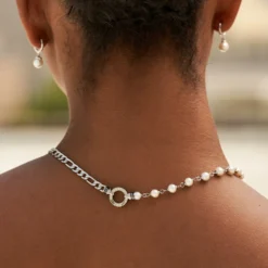 Figaro Chain + Pearl Necklace In White Gold -Fashion Jewelry Discount Store LEX00935