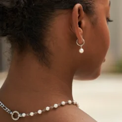 Figaro Chain + Pearl Necklace In White Gold -Fashion Jewelry Discount Store LEX00937