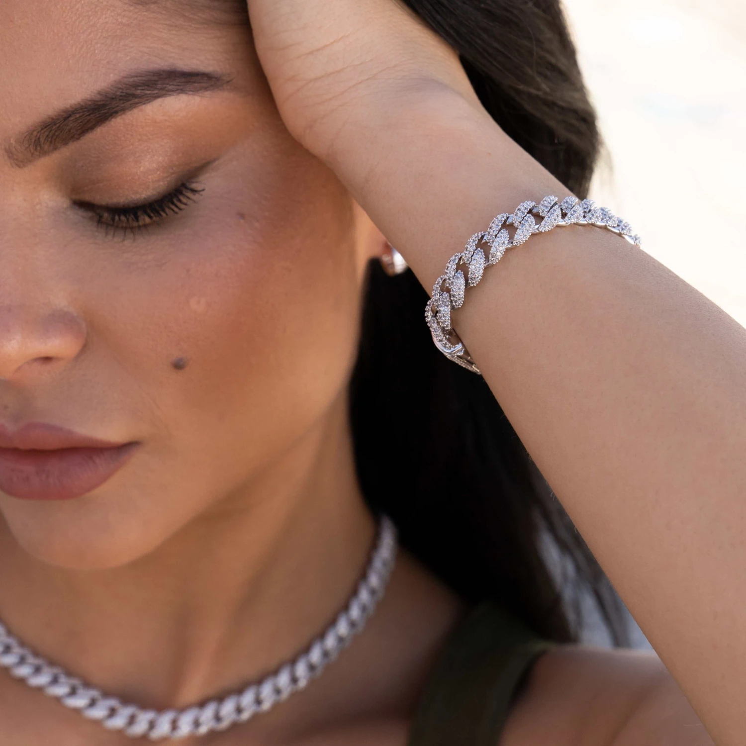 Iced Cuban Chain + Bracelet Bundle White Gold - 8.5mm 1 Iced Cuban Chain + Bracelet Bundle White Gold - 8.5mm