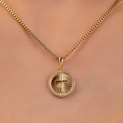 Small Cross Coin Pave Pendant In Gold