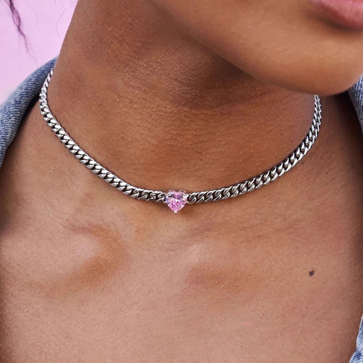 Pink Heart Miami Cuban - White Gold 2 Pink Heart Miami Cuban - White Gold - Image 2