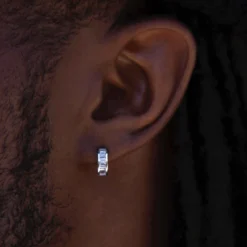 Baguette Hoop Stud Earrings In White Gold