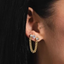 Curb Chain Connected Post Earring - Yellow Gold