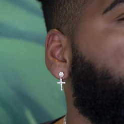 Diamond Studded Cross Earrings In White Gold