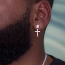 Diamond Studded Cross Earrings In Yellow Gold