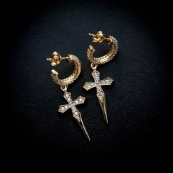 Dripping Cross Hoop Earrings In Yellow Gold -Fashion Jewelry Discount Store dripping cross hoop earrings in yellow gold gld men the gld shop 1