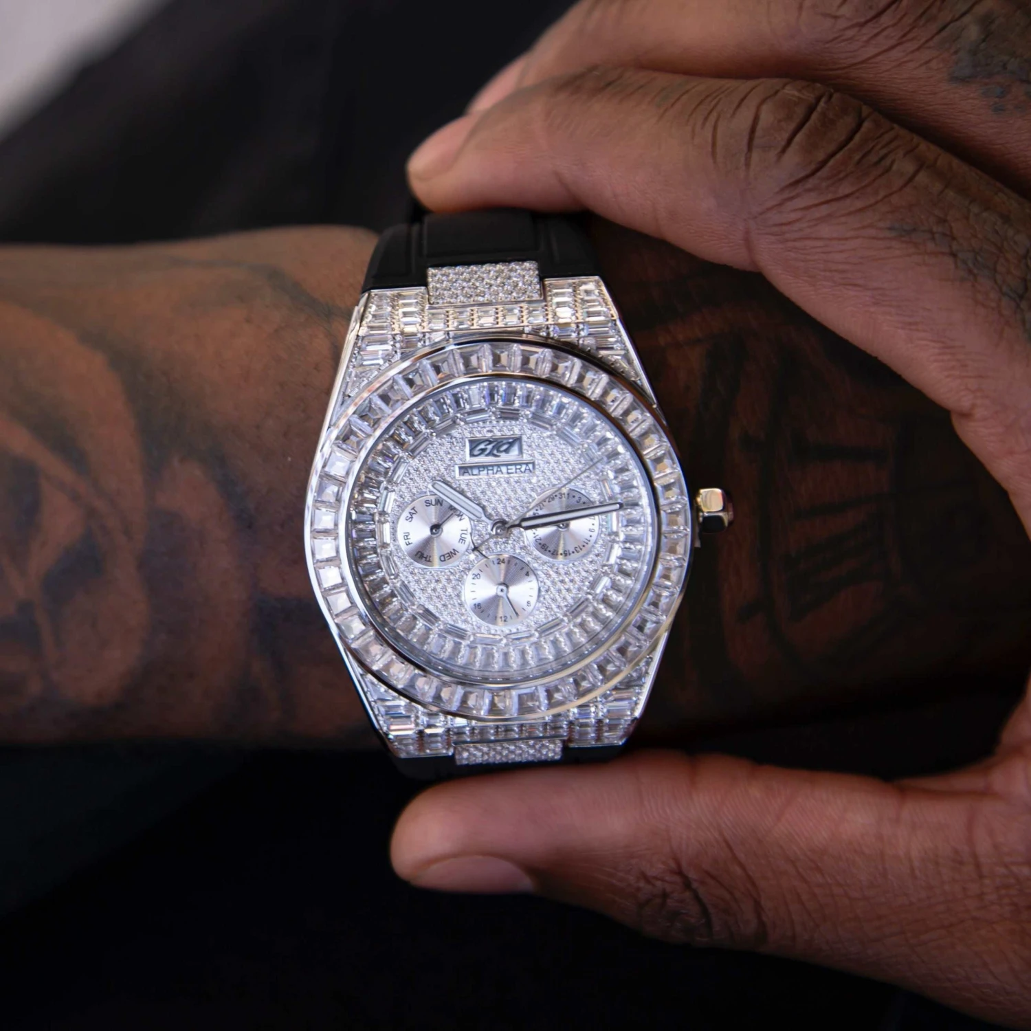 42MM Fully Iced Baguette Alpha Era W/ Rubber Strap 1 42MM Fully Iced Baguette Alpha Era W/ Rubber Strap