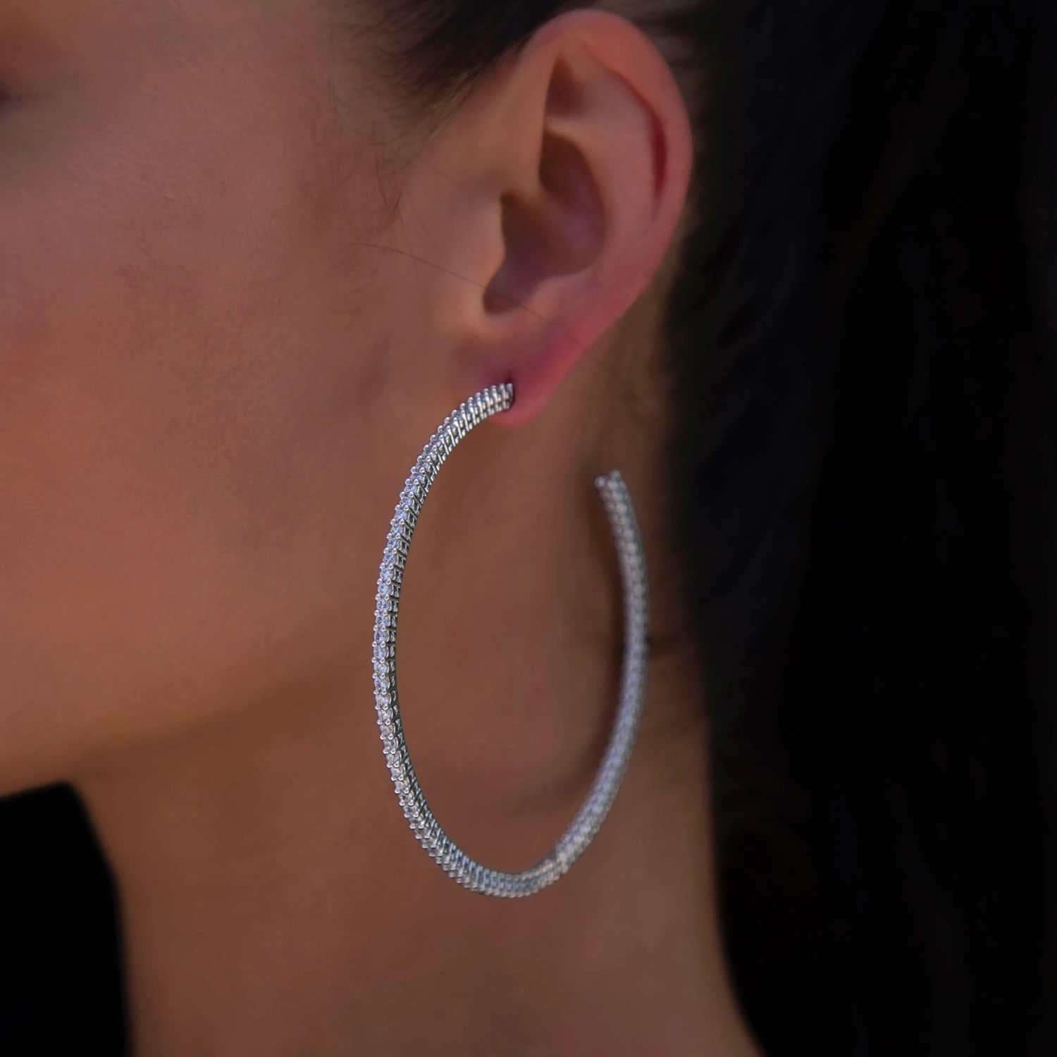 Large Eternity Hoop Earrings In White Gold 2 Large Eternity Hoop Earrings In White Gold - Image 2