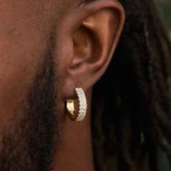 Double Row Hoop Earrings -Fashion Jewelry Discount Store micro double row huggie earrings in yellow gold gld men 1