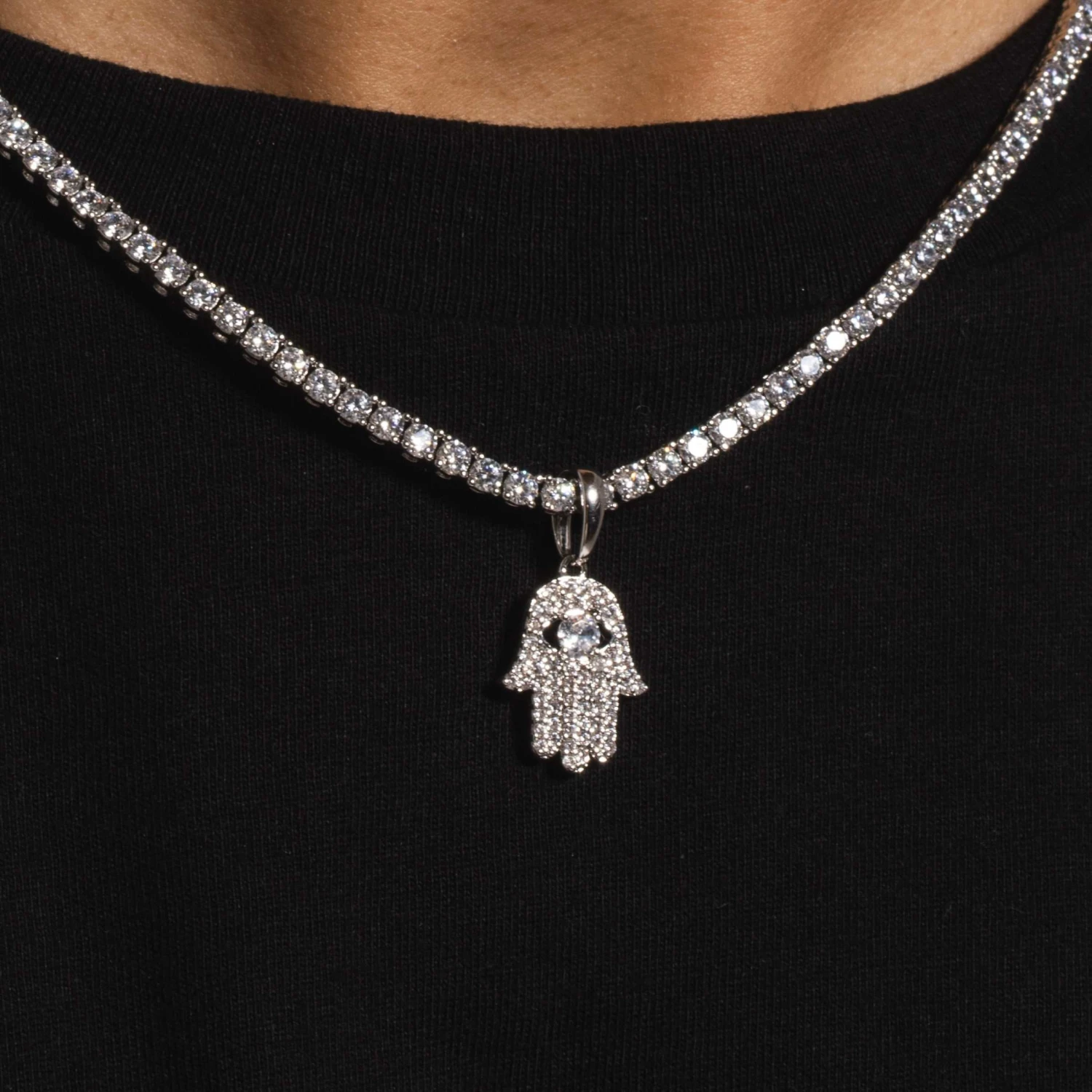 Micro Iced Hamsah Pendant In White Gold 1 Micro Iced Hamsah Pendant In White Gold