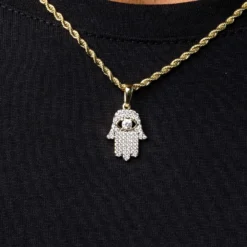 Micro Iced Hamsah Pendant In Yellow Gold