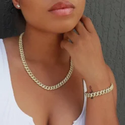 Iced Cuban Chain + Bracelet Bundle Yellow Gold - 8.5mm -Fashion Jewelry Discount Store yellow gold 8 5mm iced cuban chain bracelet bundle gld women the gld shop 8